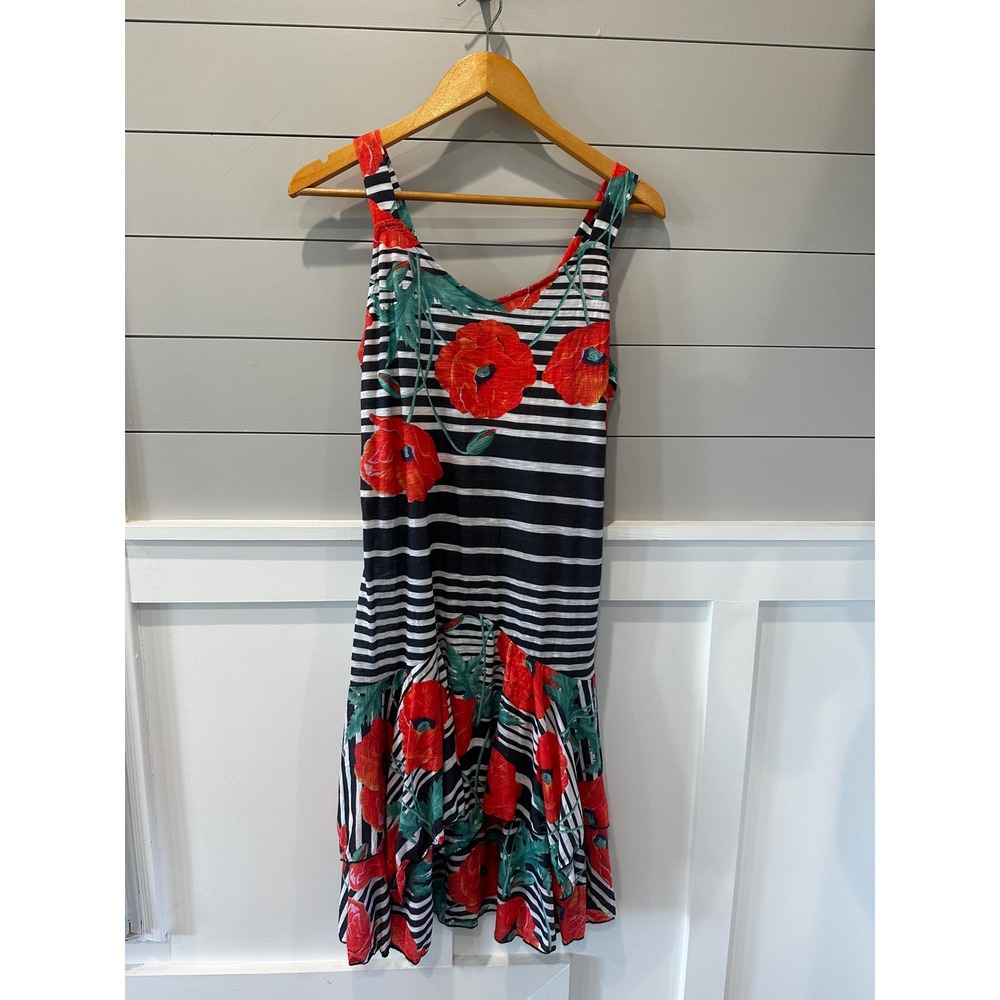 Tango Mango Womens Small Black White Striped Red Poppy Floral Handkerchief Dress
